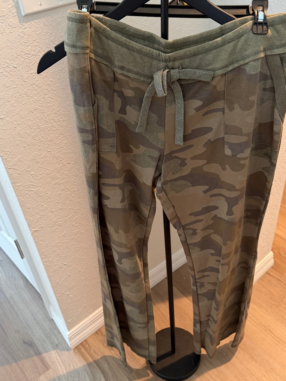 Ladies Camo Drawstring Pants - Olive Camo Flare bottom